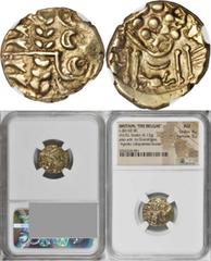 Durotriges CELTIC BRITAIN. Belgae. AV Stater (6.13 gms), ca. 60-30 B.C. NGC AU, Strike: 4/5 Surface: 5/5. S-22; VA-1205. "Chute type". Devolved head of Apollo; Reverse: Horse facing left, "crab" below