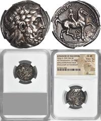 Philip II, 359-336 B.C MACEDON. Kingdom of Macedon. Philip II, 359-336 B.C. AR Tetradrachm (14.06 gms), Amphipolis Mint, ca. 315-294 B.C. NGC Ch EF, Strike: 5/5 Surface: 3/5. Scuff. LeRider-pl. 47#21.
