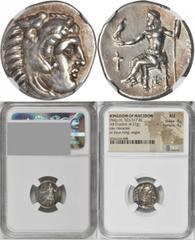 Philip III, 323-317 B.C MACEDON. Kingdom of Macedon. Philip III, 323-317 B.C. AR Drachm (4.27 gms), Sardes Mint, ca. 323-319 B.C. NGC AU, Strike: 4/5 Surface: 4/5. Pr-P80; Muller-P11. Head of Heracles