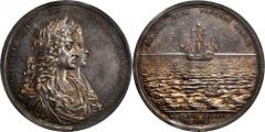 Early American and Betts Medals Extremely Popular 1687 Silver Shoals Medal 1687 Recovery of Treasure, St. Domingo. Silver. 54.5 mm. 63.8 grams. Betts-67. Plain Edge. MS-62 (PCGS). Rich light blue, ros