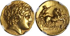 Philip II, 359-336 B.C MACEDON. Kingdom of Macedon. Philip II, 359-336 B.C. AV Stater (8.55 gms), Lampsacus Mint, ca. 323-317 B.C. NGC AU, Strike: 5/5 Surface: 5/5. Fine Style. LeRider-pl. 93#24. Earl