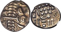 Durotriges CELTIC BRITAIN. Durotriges. AV/EL Stater (5.80 gms), ca. 60-20 B.C. NGC AU, Strike: 5/5 Surface: 5/5. S-365; VA-1235-1. Abstract head of Apollo facing right; Reverse: Disjointed horse facin
