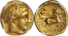 Philip II, 359-336 B.C MACEDON. Kingdom of Macedon. Philip II, 359-336 B.C. AV Stater (8.55 gms), Amphipolis Mint, ca. 340-328 B.C. NGC VF, Strike: 5/5 Surface: 2/5. LeRider-pl. 78#150 (Obv. D71, Rev.