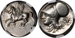 Corinth CORINTHIA. Corinth. AR Stater (8.42 gms), ca. 375-300 B.C. NGC Ch EF, Strike: 5/5 Surface: 2/5. Calciati-392. Pegasus flying left, koppa below; Reverse: Head of Athena wearing crested Corinthi