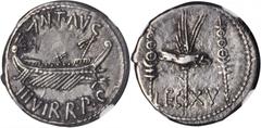 Marc Antony MARC ANTONY. AR Legionary Denarius (3.64 gms), Patrae Mint, ca. 32-31 B.C. NGC Ch EF, Strike: 5/5 Surface: 3/5. Banker's Mark. Cr-544/30; S-1479; Syd-1235. "ANT AVG III VIR R P C", Praetor