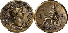Nero, A.D. 54-68 NERO, A.D. 54-68. AE Sestertius (26.92 gms), Rome Mint, ca. A.D. 65. NGC Ch VF, Strike: 4/5 Surface: 3/5. Fine Style. RIC-273var. (no Aegis). "NERO CLAVD CAESAR AVG GER P M TR O IMP P
