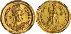 Honorius, A.D. 393-423 HONORIUS, A.D. 393-423. AV Solidus (4.50 gms), Constantinople Mint, ca. A.D. 397-402. NGC AU, Strike: 4/5 Surface: 4/5. Die shift. RIC-8. "DN HONORI - VS P F AVG" Helmeted, Pear