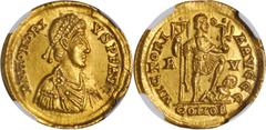 Honorius, A.D. 393-423 HONORIUS, A.D. 393-423. AV Solidus (4.42 gms), Ravenna Mint, ca. A.D. 402-406. NGC MS, Strike: 5/5 Surface: 3/5. Scuff. RIC-1287. "D N HONORI - VS P F AVG" Pearl-diademed draped