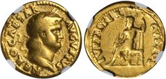 NERO, A.D. 54-68. AV Aureus (7.16 gms), Rome Mint, ca. A.D. 65-68. RIC-52; Calico-412. "NERO CAESAR AVGVSTVS" Laureate and bearded head of Nero facing right; Reverse: "IVPPITER CVSTOS" Jupiter seated 