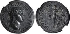 NERO, A.D. 54-68. AE Dupondius (13.95 gms), Rome Mint, ca. A.D. 66. IMP NERO CAESAR AVG P MAX TR P P P Laureate head of Nero facing right; Reverse: "VICTORIA AVGVSTI" Victory walking right, holding wr