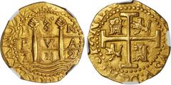 PERU. 8 Escudos, 1712-M. Philip V (1700-46). NGC AU-58. 26.8 gms. Fr-7; KM-38.2; Cal-Type 5#23. Two clear dates on the obverse. Choice centering with both dates clear and bold, as are all of the beads