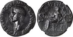 CALIGULA, A.D. 37-41. AE As (11.59 gms), Rome Mint, ca. A.D. 37-38. RIC-38. Bare head of Caligula facing left; Reverse: Vesta enthroned facing left, holding patera and scepter. Some smoothing evident.