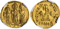 HERACLIUS, 610-641. AV Solidus (4.49 gms), Constantinople Mint, Officinae Obscured. S-759. Heraclius, Heraclius Constantine and Heraclonas all standing facing, holding globus cruciger; Reverse: Cross 