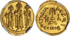HERACLIUS, 610-641. AV Solidus (4.49 gms), Constantinople Mint, 9th Officinae. S-764. Heraclius, Heraclius Constantine and Heraclonas all standing facing, holding globus cruciger; Reverse: Cross poten