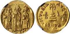HERACLIUS, 610-641. AV Solidus (4.48 gms), Constantinople Mint, 4th Officinae. S-767. Heraclius, Heraclius Constantine and Heraclonas all standing facing, holding globus cruciger; Reverse: Cross poten