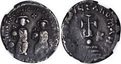 HERACLIUS, 610-641. AR Hexagram (6.04 gms), Constantinople Mint. S-798. Heraclius and Heraclius Constantine enthroned facing, each holding globus cruciger, cross above; Reverse: Cross potent atop glob