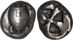 AEGINA. AR Stater (12.05 gms), ca. 480-457 B.C. SNG Cop-507. Sea Turtle with row of dots on shell; Reverse: Incuse square divided into eight segments, four of which are filled. Toned, NGC Ch F, Strike
