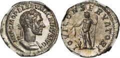 MACRINUS, A.D. 217-218. AR Denarius (2.54 gms), Rome Mint. RIC-76b. Laureate and cuirassed bust of Macrinus facing right; Reverse: Jupiter standing facing left, small figure of Macrinus before. Sharpl