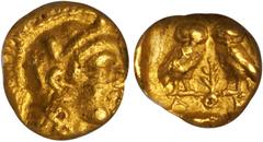 ATTICA. Athens. AV Diobol (1.43 gms), ca. 407/6 B.C. Svoronos-pl. 15#7. Head of Athena facing right wearing crested Attic helmet adorned with palmette and olive leaves; Reverse: Two owls standing conf