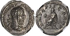 MACRINUS, A.D. 217-218. AR Denarius (3.33 gms), Rome Mint, ca. December A.D. 217. RIC-27. "IMP C M OPEL SEV MACRINVS AVG" Laureate, draped and cuirassed bust of Macrinus facing right; Reverse: "P M TR