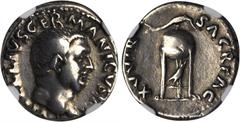 VITELLIUS, A.D. 69. AR Denarius (3.28 gms), Rome Mint. NGC VF, Strike: 4/5 Surface: 2/5. Scratches. RIC-70. "A VITELLIVS GERMANICVS IMP", laureate bust of Vitellius facing right; Reverse: "XV VIR SACR