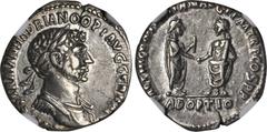 HADRIAN, A.D. 117-138. AR Denarius (3.27 gms), Antioch Mint, AD 117-138. NGC EF, Strike: 4/5 Surface: 4/5. cf.RIC-3c (Rome). "IMP. CAES. TRAIAN. HADRIANO OPT. AVG. GER. DAC." His laureate draped and c