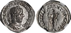 MACRINUS, A.D. 217-218. AR Denarius (2.99 gms), Rome Mint, ca. A.D. 217-218. NGC AU, Strike: 4/5 Surface: 4/5. RIC-21. "IMP C M OPEL SEV MACRINVS AVG" Laureate, draped and cuirassed older bust of Macr