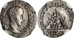 CAPPADOCIA. Caesarea. Gordian III, A.D. 238-244. AR Drachm, Year 4 (A.D. 240/1). NGC AU. Syd-603. Obverse: Laureate head of Gordian III facing right; Reverse: Mount Argaeus, dot in upper left field, m