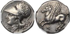 CORINTHIA. Corinth. AR Stater (8.59 gms), ca. 375-300 B.C. NGC Ch EF★, Strike: 5/5 Surface: 5/5. Pegasi-441; BCD Corinth-107; HGC-4, 1848. Obverse: Pegasos flying left; Reverse: Helmeted head of Athen