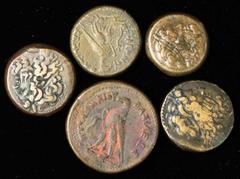 PTOLEMAIC EGYPT. Quintet of Bronze Denominations (5 Pieces), 285-204 B.C. VERY FINE to GOOD VERY FINE. 1) PTOLEMY II PHILADELPHOS, Diobol, Svor-466. VERY FINE, pleasing yellow-brown surfaces, and a VE