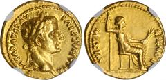 TIBERIUS, A.D. 14-37. AV Aureus (7.77 gms), Lugdunum Mint, A.D. 15-18. NGC Ch AU, Strike: 5/5 Surface: 5/5. RIC-25; Calicó-305d. "Tribute Penny" type. Obverse: TI CAESAR DIVI AVG F AVGVSTVS, laureate 