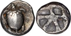 AEGINA. AR Stater (12.31 gms), ca. 480-457 B.C. NEARLY VERY FINE. HGC-6, 435. Obverse: Sea turtle, with 'T-back' design on shell; Reverse: Large square incuse with skew pattern. Darkly toned, with inc