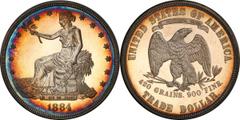 Trade Dollar 1884 Trade Dollar. Proof-64+ Cameo (PCGS). This incredibly beautiful Choice Proof 1884 trade dollar rarity exhibits peripheral cobalt blue and reddish-orange iridescence on the obverse th