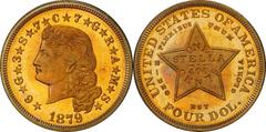 Four-Dollar Gold Stella 1879 Four-Dollar Gold Stella. Flowing Hair. Judd-1635, Pollock-1833. Rarity-3. Gold. Reeded Edge. Proof-66 Cameo (PCGS). CAC. Blended golden-olive and orange-apricot patina pro