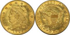 Capped Head Left Half Eagle 1820 Capped Head Left Half Eagle. Bass Dannreuther-7. Rarity-7. Curl Base 2, Large Letters. MS-65+ (PCGS). CAC. An intense combination of satiny luster and fully prooflike 