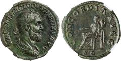 PUPIENUS, A.D. 238. AE Sestertius (20.49 gms), Rome Mint, A.D. 238. NGC EF, Strike: 5/5 Surface: 2/5. Fine Style. Smoothing. RIC-20. Obverse: Laureate, draped, and cuirassed bust right; Reverse: Conco