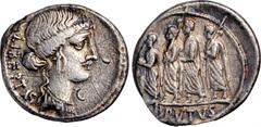 BRUTUS. AR Denarius (3.81 gms), Rome Mint, 54 B.C. CHOICE VERY FINE. Cr-433/1; Syd-906a. Obverse: Head of Libertas right; Reverse: The consul L. Junius Brutus walking left between two lictors, each ca