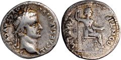 TIBERIUS, A.D. 14-37. AR Denarius (3.54 gms), Lugdunum Mint, A.D. 36-37. VERY FINE. RIC-30; RSC-16a. "Tribute Penny" type. Obverse: Laureate head right; Reverse: Livia (as Pax) seated right on throne,