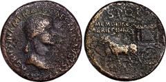 AGRIPPINA SENIOR (MOTHER OF CALIGULA, DIED A.D. 33). AE Sestertius (25.35 gms), Rome Mint, Struck under Tiberius, A.D. 37-41. VERY FINE. RIC-55. Obverse: Draped bust right; Reverse: Two mules drawing 