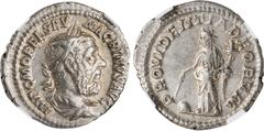 MACRINUS, A.D. 217-218. AR Denarius, Rome Mint, A.D. 218. NGC Ch VF. RIC-80; RSC-108b. Obverse: Laureate, draped, and cuirassed bust right; Reverse: Providentia standing left, cradling cornucopia and 