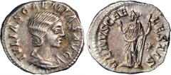 JULIA SOAEMIAS (MOTHER OF ELAGABALUS). AR Denarius (3.51 gms), Rome Mint, struck under Elagabalus, A.D. 220-222. NEARLY EXTREMELY FINE. RIC-241 (Elagabalus); RSC-8. Obverse: Draped bust right; Reverse