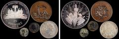 MIXED LOTS. Assorted Types (5 Pieces). Grade Range: VERY GOOD to PROOF UNCIRCULATED. 1) Haiti. 1968. 25 Gourdes. Proof Uncirculated. KM-67.1. Mintage: 5,810. Sold with original display case.2) France.