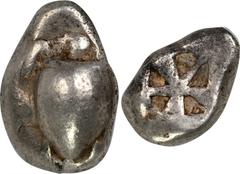 AEGINA. AR Stater, ca. 480-457 B.C. NGC F. HGC-6, 435. Obverse: Sea turtle, with 'T-back' design on shell; Reverse: Large square incuse with skew pattern. A popular animal type, this example has seen 