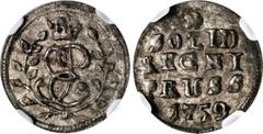 POLAND. East Prussia. Solidus, 1759. Elizabeth. NGC AU-55. KM-C-41. Large date with small crown. A boldly detailed little Solidus with variable, dark metallic toning.