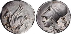 CORINTHIA. Corinth. AR Stater (8.45 gms), ca. 350/45-285 B.C. NGC AU, Strike: 4/5 Surface: 3/5. HGC-4, 1848; Pegasi-426; BCD Corinth-101. Obverse: Pegasos flying left; Reverse: Helmeted head of Athena