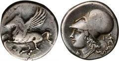 CORINTHIA. Corinth. AR Stater (8.49 gms), ca. 375-300 B.C. VERY FINE. HGC-4, 1848; Pegasi-453; BCD Corinth-Unlisted. Obverse: Pegasos flying left; Reverse: Helmeted head of Athena left; to right, Arte