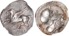 ITALY. Bruttium. Hipponion. AR Stater (7.73 gms), ca. 300-250 B.C. NGC Ch EF, Strike: 5/5 Surface: 3/5. Edge Marks. cf. HGC-1, 1397. Obverse: Pegasos springing left from ground line; Reverse: Helmeted