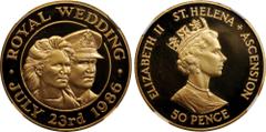 SAINT HELENA & ASCENSION. 50 Pence, 1986. Elizabeth II. NGC PROOF-67 Ultra Cameo. Fr-1; KM-7b. Mintage: 50. Issued for the Royal Wedding of Prince Andrew and Sarah Ferguson. A brilliant and attractive