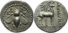 ANCIENT COINAGE-GREEK IONIA. Ephesos. AR Drachm (4.00 gms), ca. 202-133 B.C. S-4387. Bee./Stag standing right before palm tree. Well struck, nearly full circle of dots framing bee. Good metal, EXTREME