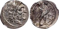 Ancient Coins SICILY. Akragas. AR Drachm (Half Shekel) (3.46 gms), ca. 211 B.C. NGC Ch AU, Strike: 4/5 Surface: 5/5. HGC-2, 122; BAR Issue-14. Obverse: Laureate head of Zeus right; Reverse: Eagle stan